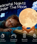 Child sleeping next to 3D Moon Night Light For Kids Bedroom With Color Changing LED Globe Night Light Touch And Remote Control Dimmable Brightness Timer