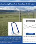 Fence Stretcher Tool For Quick Tensioning Barbed Wire Electric Fences Horse Fences And Mesh Fencing No Staples Removal No Hassle Hook And Pull To Restore Tightness In Minutes For Ranch Farm Or Garden Use shown with before and after wire tensioning.