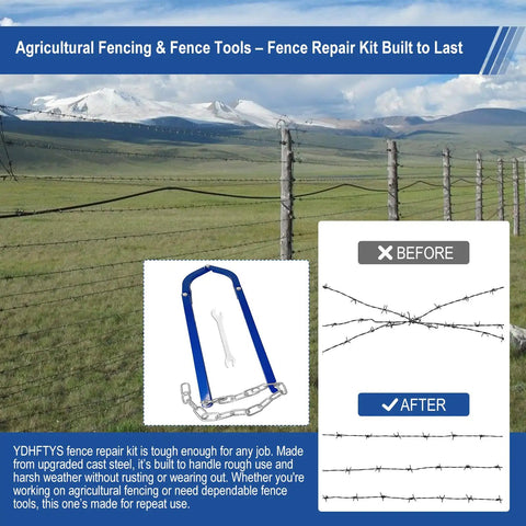 Fence Stretcher Tool For Quick Tensioning Barbed Wire Electric Fences Horse Fences And Mesh Fencing No Staples Removal No Hassle Hook And Pull To Restore Tightness In Minutes For Ranch Farm Or Garden Use shown with before and after wire tensioning.