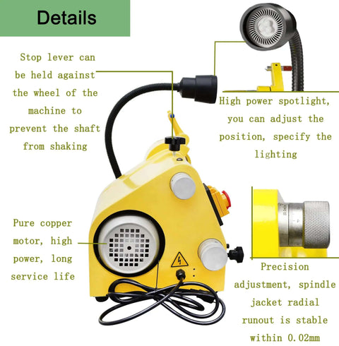 Beefy 5C Benchtop Cutter Grinder And Tool Sharpener For End Mills Drill Bits Lathe Tools With 370W Motor showing adjustable spotlight and pure copper motor.