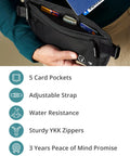 Person holding Ultra Slim RFID Money Belt With Hidden Passport Pocket For Travel, showing card slots and water-resistant zippers.