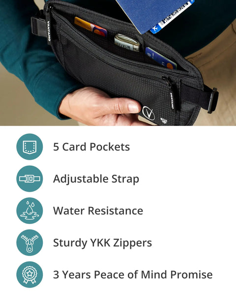 Person holding Ultra Slim RFID Money Belt With Hidden Passport Pocket For Travel, showing card slots and water-resistant zippers.