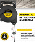Retractable Extension Cord Reel With Light Indicator 25 Feet Heavy Duty 12 Gauge 3 Wire Cable Triple Outlet Wall Mount