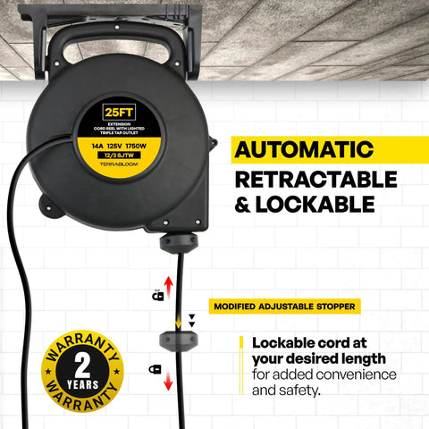 Retractable Extension Cord Reel With Light Indicator 25 Feet Heavy Duty 12 Gauge 3 Wire Cable Triple Outlet Wall Mount