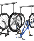 Ceiling Bike Rack For Garage And Home Storage Hang Indoor Bicycles Up To Two Horizontally Or Four Vertically With Adjustable Hooks 25 Inch Durable Steel Construction Rust Resistant Space Saving displaying two bikes hanging horizontally.