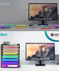 Before and after setup showing 8 Tier Desk Paper Tray Organizer With Handles Mesh File Holder Storage in black for home office.