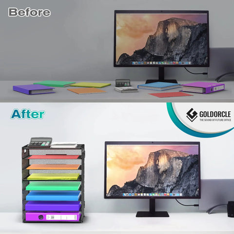Before and after setup showing 8 Tier Desk Paper Tray Organizer With Handles Mesh File Holder Storage in black for home office.