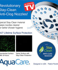 AquaCare handheld shower head packaging front view with anti-clog nozzles, Stay-Clean badge, and 6 ft stainless steel hose