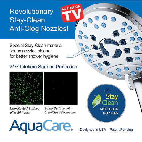 AquaCare handheld shower head packaging front view with anti-clog nozzles, Stay-Clean badge, and 6 ft stainless steel hose