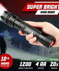 Person holding Ultra Bright 1200 Lumen LED Flashlight LFX2000 With Five Modes, Zoomable Beam, Water Resistant, showing beam in night