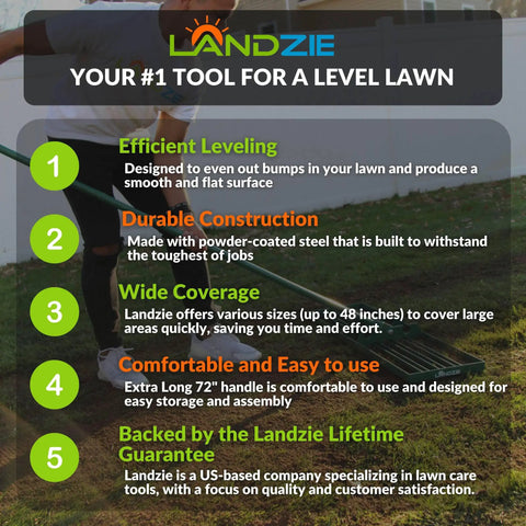 Infographic showcasing a heavy duty lawn leveling rake with a 36 inch steel handle, highlighting features and benefits.