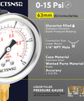 Glycerin Filled Low Pressure Gauge 0 To 15 Psi With Two And A Half Inch Dial And One Quarter Inch NPT Lower Mount Stainless Steel Case