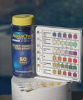 Seven In One Pool And Spa Test Strips Kit Checking PH Chlorine Bromine Alkalinity Hardness And Cyanuric Acid For No Mess Backyard Water Care Featuring Fifty Accurate Quick Dip Strips in a clear container with testing chart.