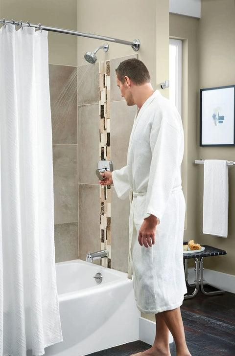 Bathroom scene with Genta LX Chrome Modern 18-Inch Single Kitchen or Bathroom Towel Bar with sleek mirror-like finish