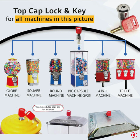 Top Lid Lock And Key Set For Gumball Capsule Machines GV25 GV18 with various vending machines shown