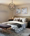 Bedroom with Six Light Mid Century Modern Orb Chandelier in Matte Black with Dark Gold Finishes Floating Globe Ceiling Light
