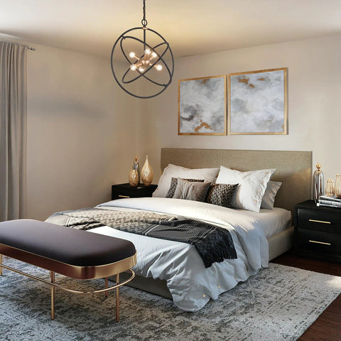 Bedroom with Six Light Mid Century Modern Orb Chandelier in Matte Black with Dark Gold Finishes Floating Globe Ceiling Light