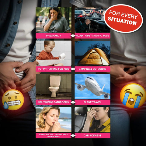 Infographic with situations for using Disposable Urinal Bags 28oz Six Pack For Travel On The Go Odorless And Leakproof Portable Urine Bags