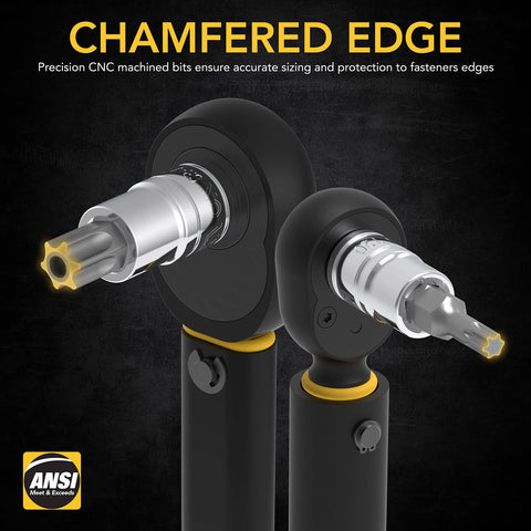 Close-up of two Torx bits with chamfered edges from Master Torx Bit Socket Set 34 Piece Premium S2 Alloy Steel.