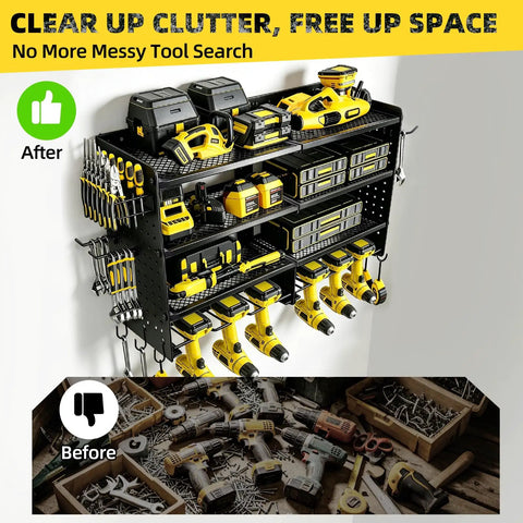 Heavy Duty Tool Wall Mount Organizer Four Tier Steel Rack With Drill Tools Holder And Hooks 400 lbs Capacity Garage Workshop Storage Shelf for tools and accessories