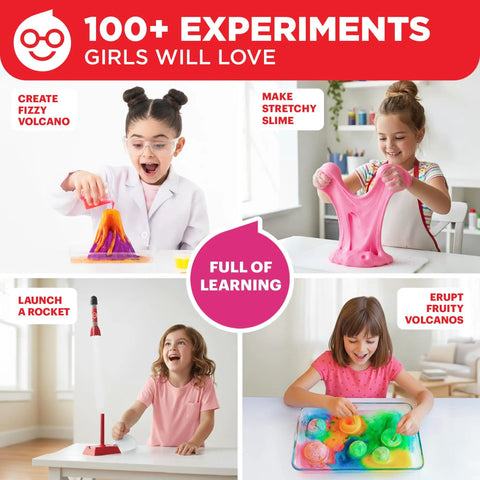 Girls First Amazing Science Experiments Kit For Ages 4 And Up With 100 Plus Mind Blowing Experiments To Spark Curiosity STEM Fun Easy Hands On Learning At Home And Build Confidence In Everyday Science Kid Friendly, kids doing volcano, slime, rocket, and color science