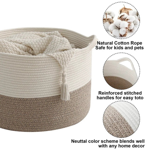 65L Large Woven Cotton Rope Laundry Basket With Reinforced Handles No Snag Edges Rugged Hamper For Toys And Clothes