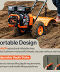 Heavy Duty Gas Tiller Cultivator With 7HP 209cc Engine, Adjustable Tilling Width And Depth, Rear Tine Design, in use on soil