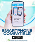 Hand holding smartphone displaying AI app for All In One Pool And Spa Water Test Kit With AI Powered App No Fuss Thick Strips.