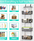 Rock Solid Over The Door Organizer With Four Roomy Metal Baskets And Adjustable Coat Hook For Bathroom Kitchen Pantry Closet Storage Rack, showing various items stored.