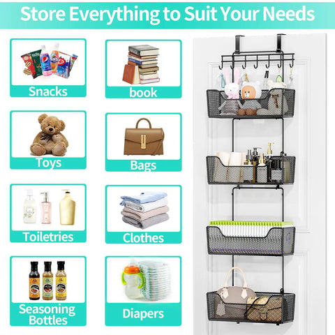 Rock Solid Over The Door Organizer With Four Roomy Metal Baskets And Adjustable Coat Hook For Bathroom Kitchen Pantry Closet Storage Rack, showing various items stored.