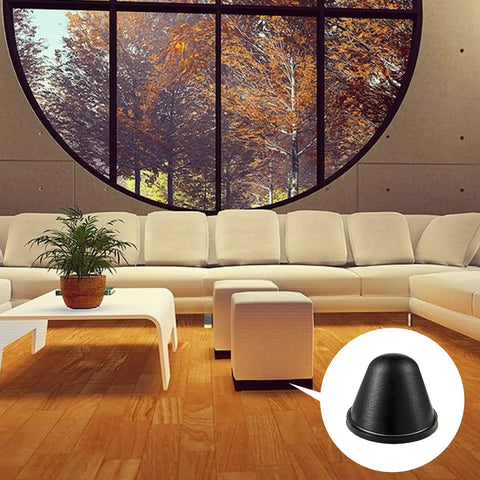 DIY Friendly Self Adhesive Black Conical Rubber Bumpers on furniture, with round window view in modern room.