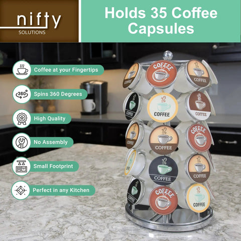 K Cup Pod Carousel Organizer With 360 Degree Spin Holds 35 Pods on kitchen counter showing coffee capsules