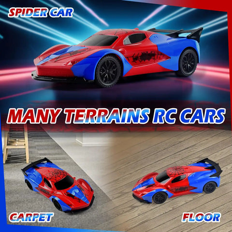 Spider Themed RC Car for Kids 3 Plus on various terrains, showcasing durable ABS build and safe rounded edges.