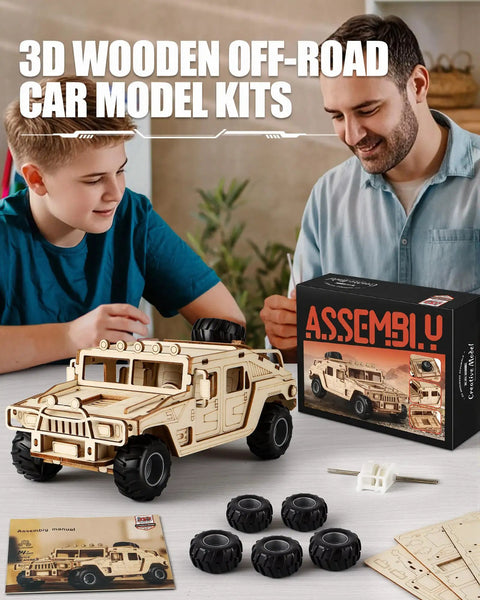Off Road 3D Wooden Puzzle Car Kit For Adults, Easy To Build SUV Model With 65 Pre Cut Pieces, DIY Wood Toy For Builders, Realistic Detail And Fun Challenge, wooden SUV parts and manual on table