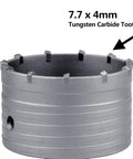 Built Like A Tank 4 Inch Concrete Hole Saw With 220mm Sds Plus Shank Rod Featuring Heavy Duty Alloy Steel Construction And Center Pilot Bit For Zero Sweat Masonry Drilling, showing tungsten carbide tooth.