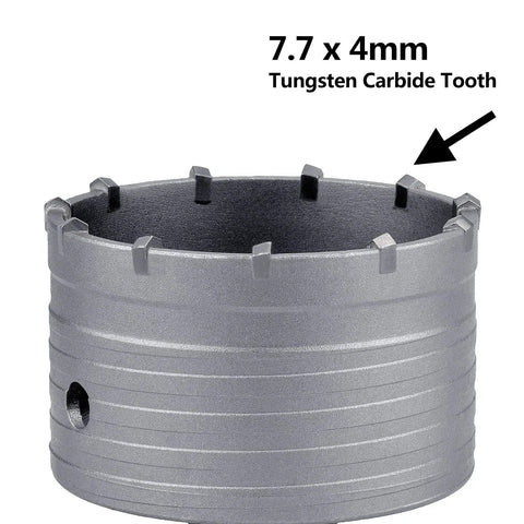 Built Like A Tank 4 Inch Concrete Hole Saw With 220mm Sds Plus Shank Rod Featuring Heavy Duty Alloy Steel Construction And Center Pilot Bit For Zero Sweat Masonry Drilling, showing tungsten carbide tooth.
