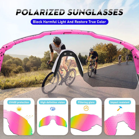 Cyclists wearing pink Polarized Sports Sunglasses With UV 400 Protection For Women And Men, Ultra Lightweight Frameless Running Glasses.