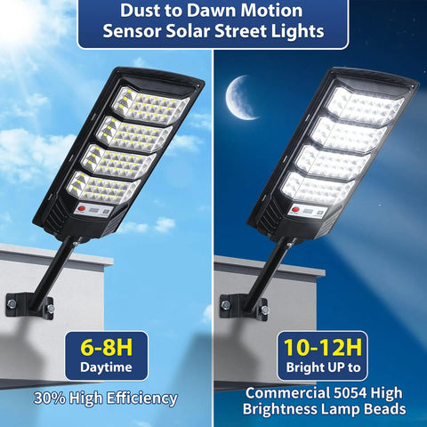 Hella Bright Solar Street Lights 2 Pack Outdoor Waterproof Design With 6500K LED Motion Sensor Dusk To Dawn Mode Wireless Remote Included 320 Degree Wide Angle Flood Beam Perfect For Patios Yards And Business Lots