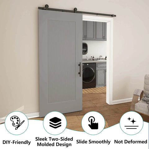 36x84 Reeded White Primed Sliding Barn Door With Matte Black 6ft Hardware Kit Built Tough For Closets And Living Spaces installed view