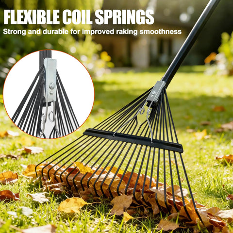 Wide 22-Tine Leaf Rake With 22.8 Inch Head And Adjustable 33 To 67 Inch Metal Handle, For Leaves Lawns Grass Gravel And Flower Beds