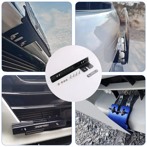 Rugged 6061 Billet Aluminum Front Bumper License Plate Relocator Bracket Mount Bar with mounting hardware and installation angles.