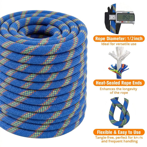 Double Braided Arborist Rigging Rope 1/2 Inch by 100 Feet Heavy Duty 48 Strand Polyester Static Rope coiled with details