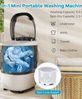 Super Duper Handy Portable Mini Washing Machine With Five Point Five Lbs Capacity And Quick Spin Tub, No Sweat Semi Auto Compact Laundry Washer For Tight Dorm Rooms And Rv Weekend Getaways, Chill Grey Vibe with washer showing water and clothes.