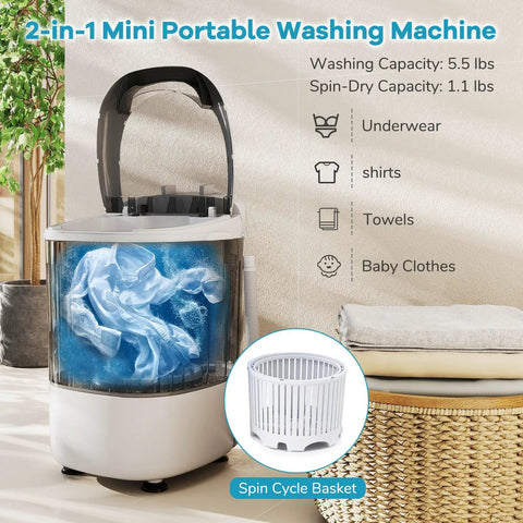 Super Duper Handy Portable Mini Washing Machine With Five Point Five Lbs Capacity And Quick Spin Tub, No Sweat Semi Auto Compact Laundry Washer For Tight Dorm Rooms And Rv Weekend Getaways, Chill Grey Vibe with washer showing water and clothes.