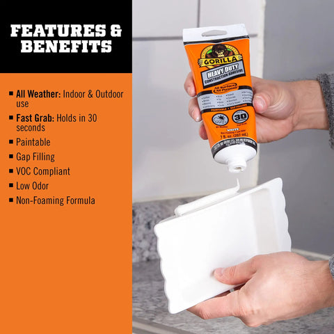 Person applying Heavy Duty Construction Adhesive White Glue 7 Ounce Squeeze Tube Pack Of 2 With Fast Grab In 30 Seconds Waterproof