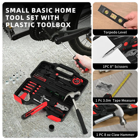 Real Deal 144 Piece Red Home Tool Set With Tough Plastic Carry Case And Essential Household Hardware Kit Featuring A Sturdy Claw Hammer Plus Assorted Screwdrivers For Apartment Garage Diy Fixes, displayed open with tools.