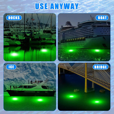 Two Pack 12V 10W Green Underwater Fishing Light Submersible LED Lure Attracting Lamp for docks, boat, ice, and bridge
