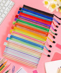 120 Pack Mesh Zipper Pencil Pouches In 10 Colors 9 By 4 Point 7 Inch Small Pencil Bags for Office School on pink background.