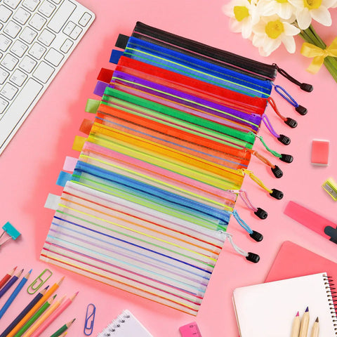 120 Pack Mesh Zipper Pencil Pouches In 10 Colors 9 By 4 Point 7 Inch Small Pencil Bags for Office School on pink background.