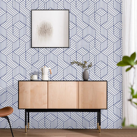 Room with Geometric Hexagon Peel And Stick Wallpaper Blue And White Self Adhesive Vinyl Film For Home Decor Removable Contact Paper.